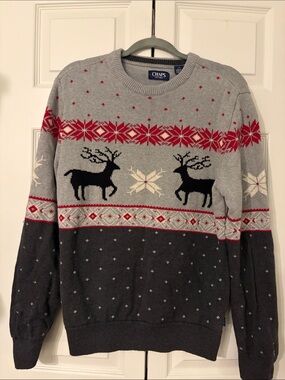 Chaps Reindeer Men’s Gray & Charcoal Crewneck Sweater with Red Fair Isle Large